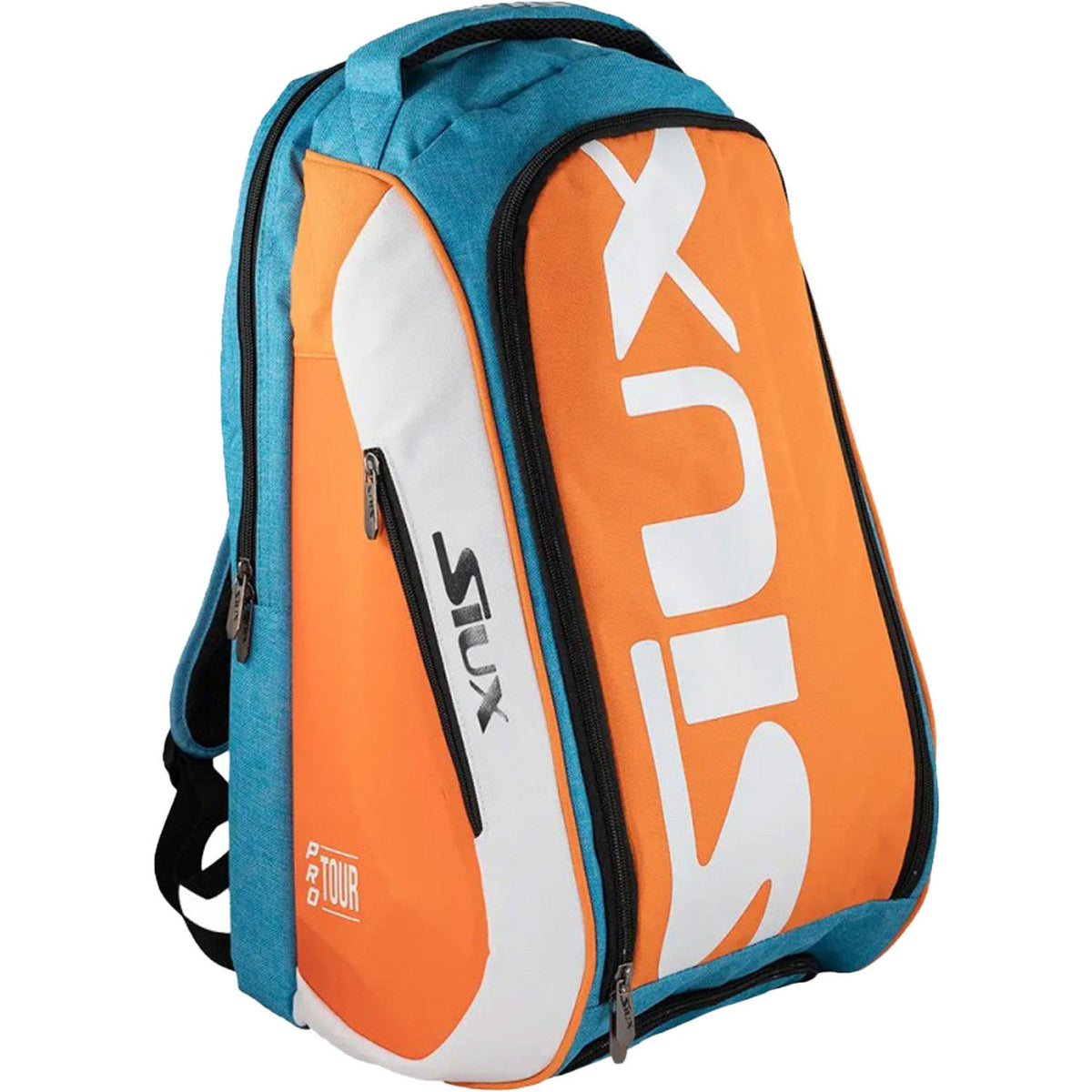 Zijaanzicht van de oranje Siux Pro Tour backpack met blauw bovenpaneel en witte bies