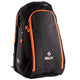 Vooraanzicht van de zwarte Siux Backpack Tour 2026 met oranje ritsen en wit Siux-logo