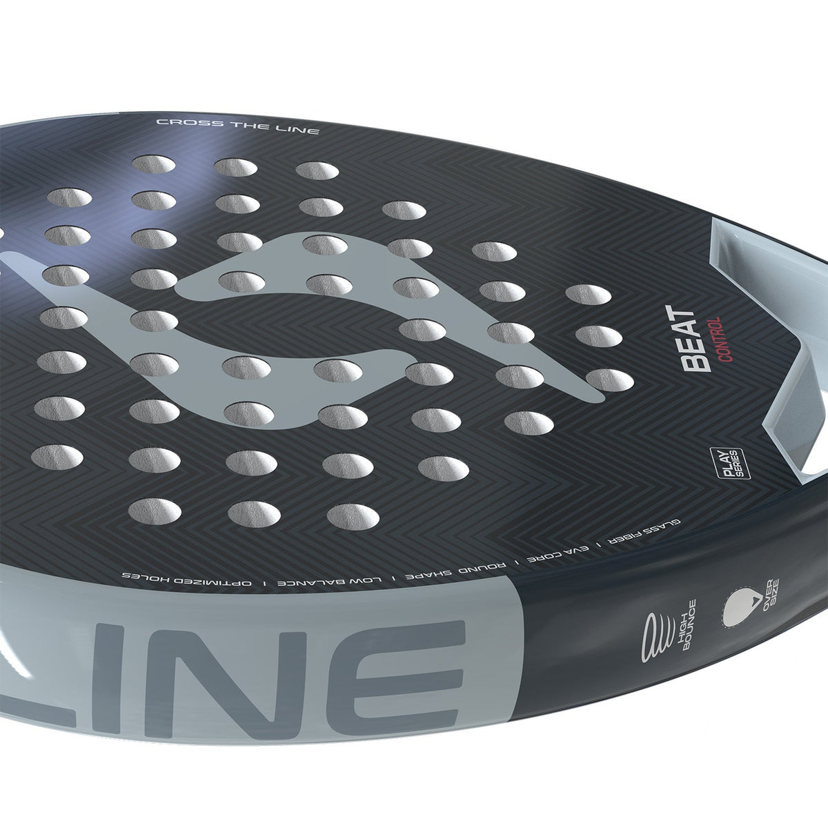 Detail van het zwarte slagvlak van het Siux Beat Control 3 26 met tekst CROSS THE LINE
