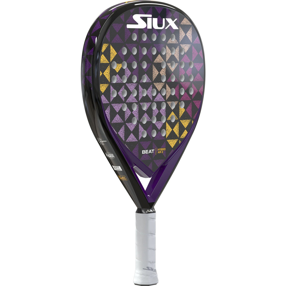 Siux Beat Hybrid Air 2 padelracket schuin vooraanzicht, druppelvorm met witte grip