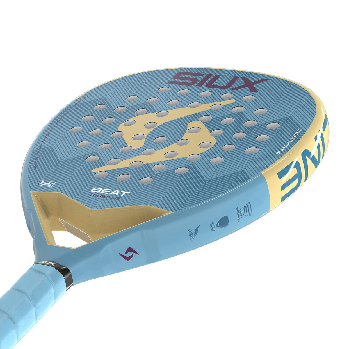 Liggend aanzicht van het Siux Beat Hybrid Air 3 26 met lichtblauwe grip en goud accent