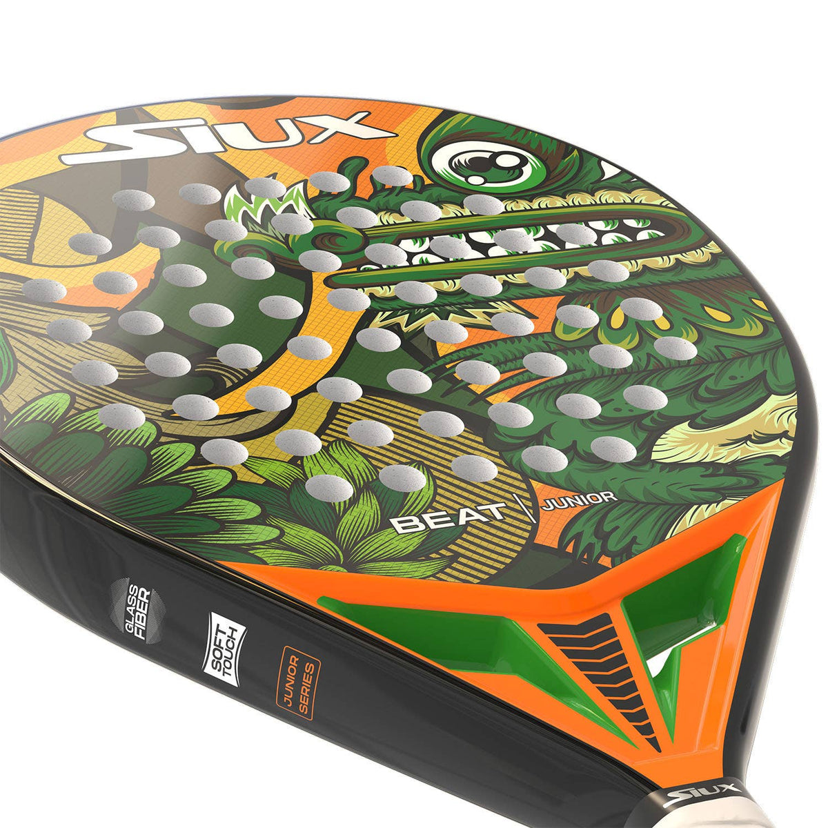 Close-up van het slagvlak van het Siux Beat Junior met bladeren en oranje frame