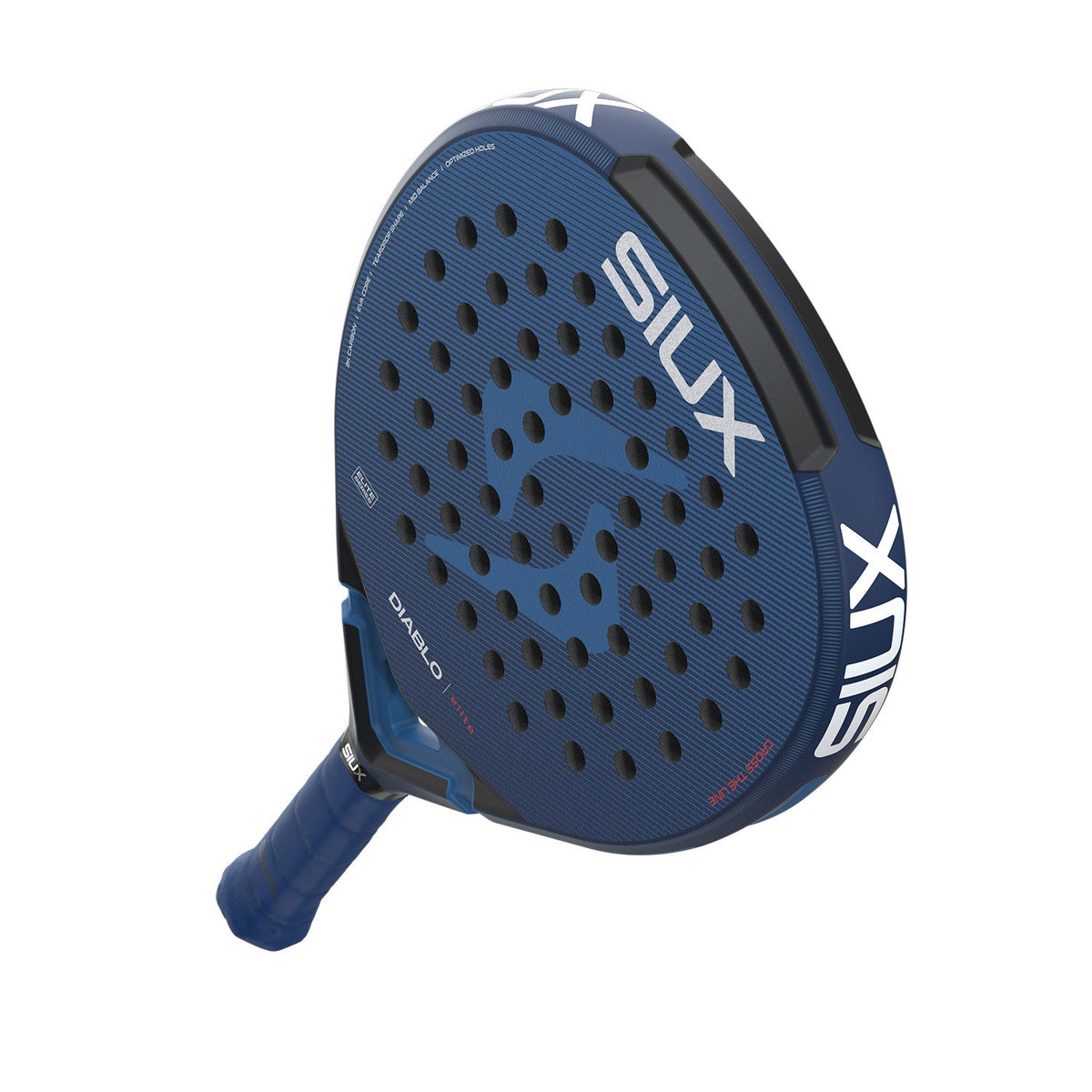 Siux Diablo Elite 6 padelracket schuin van onderen met donkerblauwe grip in beeld
