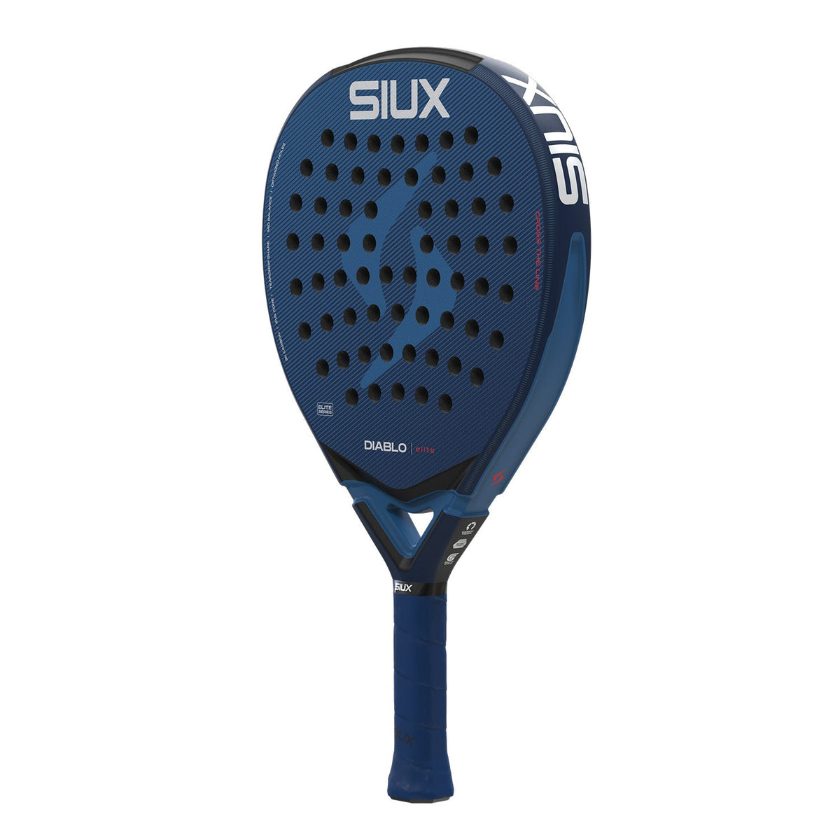 Siux Diablo Elite 6 padelracket schuin vooraanzicht, druppelvorm in donkerblauw