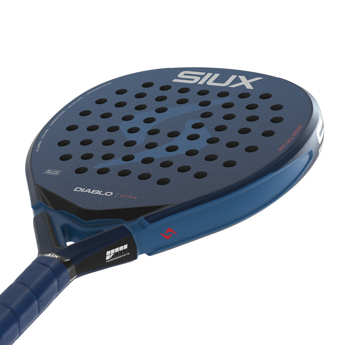 Liggend aanzicht van het Siux Diablo Elite 6 met blauwe grip en wit SIUX-opschrift