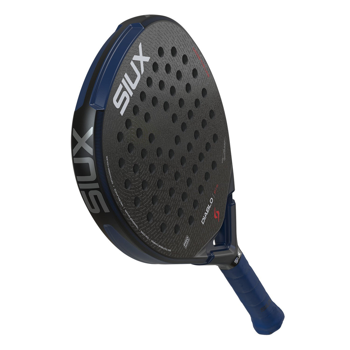 Achterzijde van het Siux Diablo Pro 26 padelracket in zwart met blauw frame
