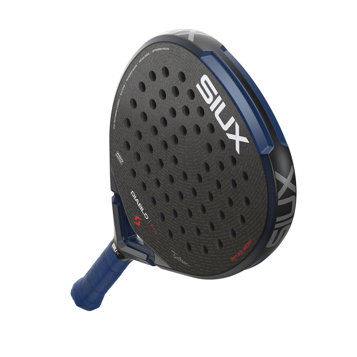 Siux Diablo Pro 26 padelracket schuin van onderen met donkerblauwe grip in beeld