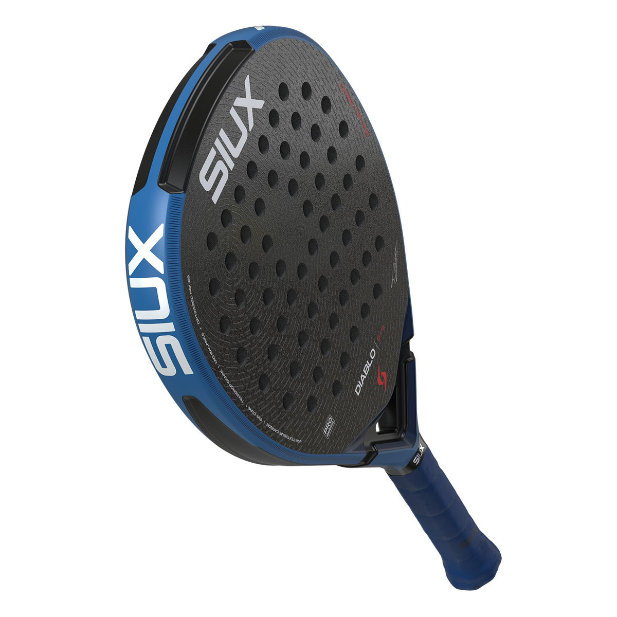Achterzijde van het Siux Diablo Pro 26 padelracket in blauw met zwart slagvlak