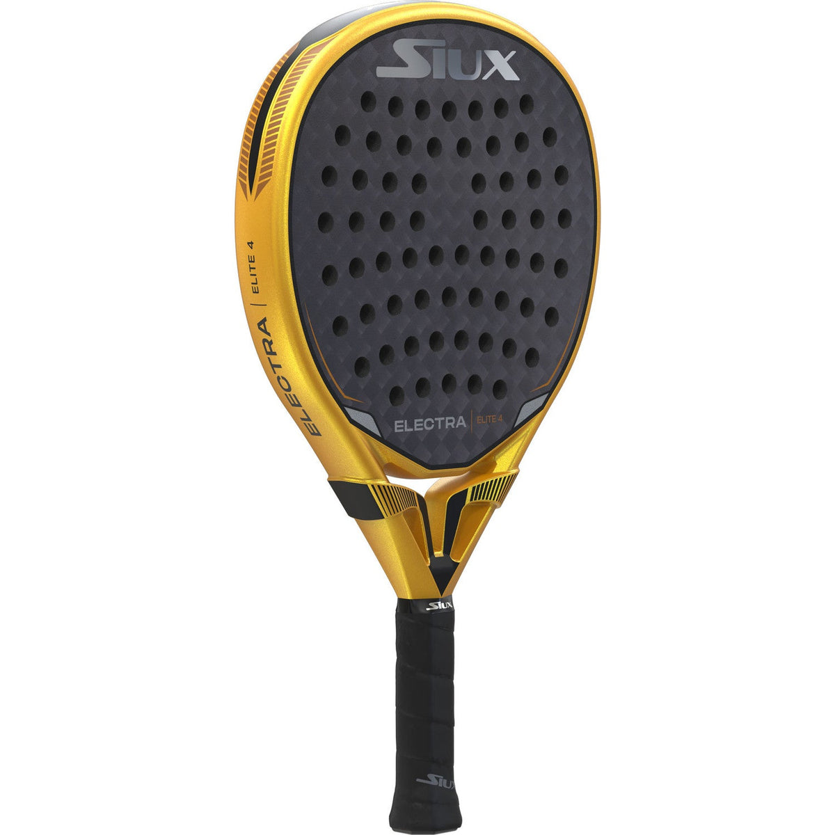 Siux Electra Elite 4 padelracket schuin vooraanzicht, hybridevorm in goud en zwart