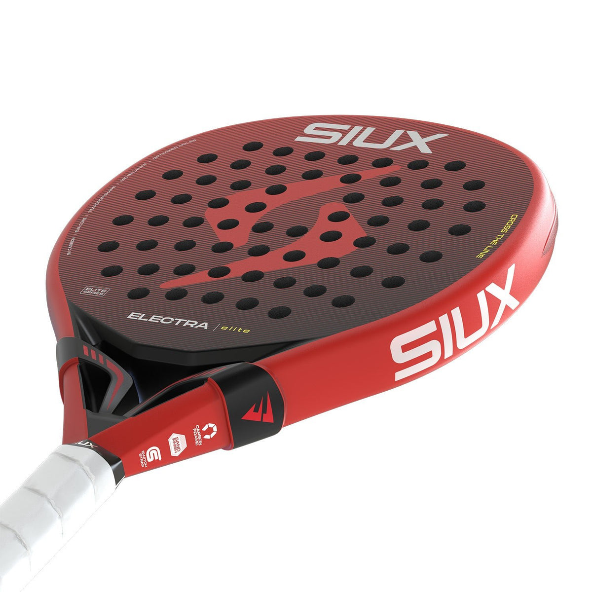 Liggend aanzicht van het Siux Electra Elite 6 26 met witte grip en rood blad