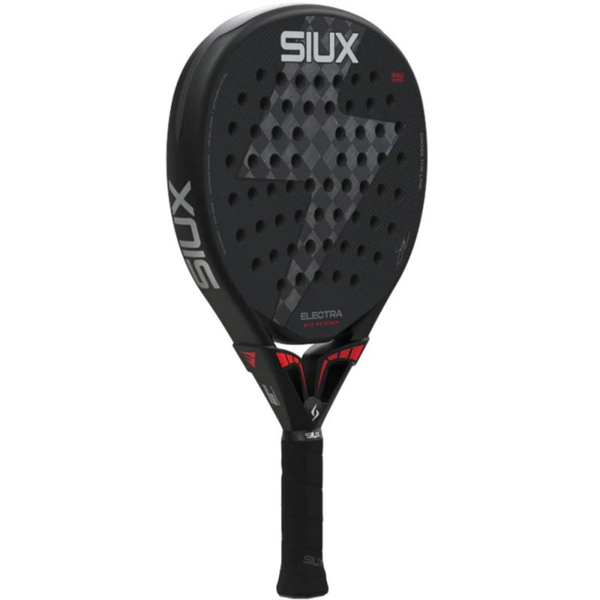 Siux Electra Pro SE Black 2026 padelracket schuin vooraanzicht, hybride vorm in zwart