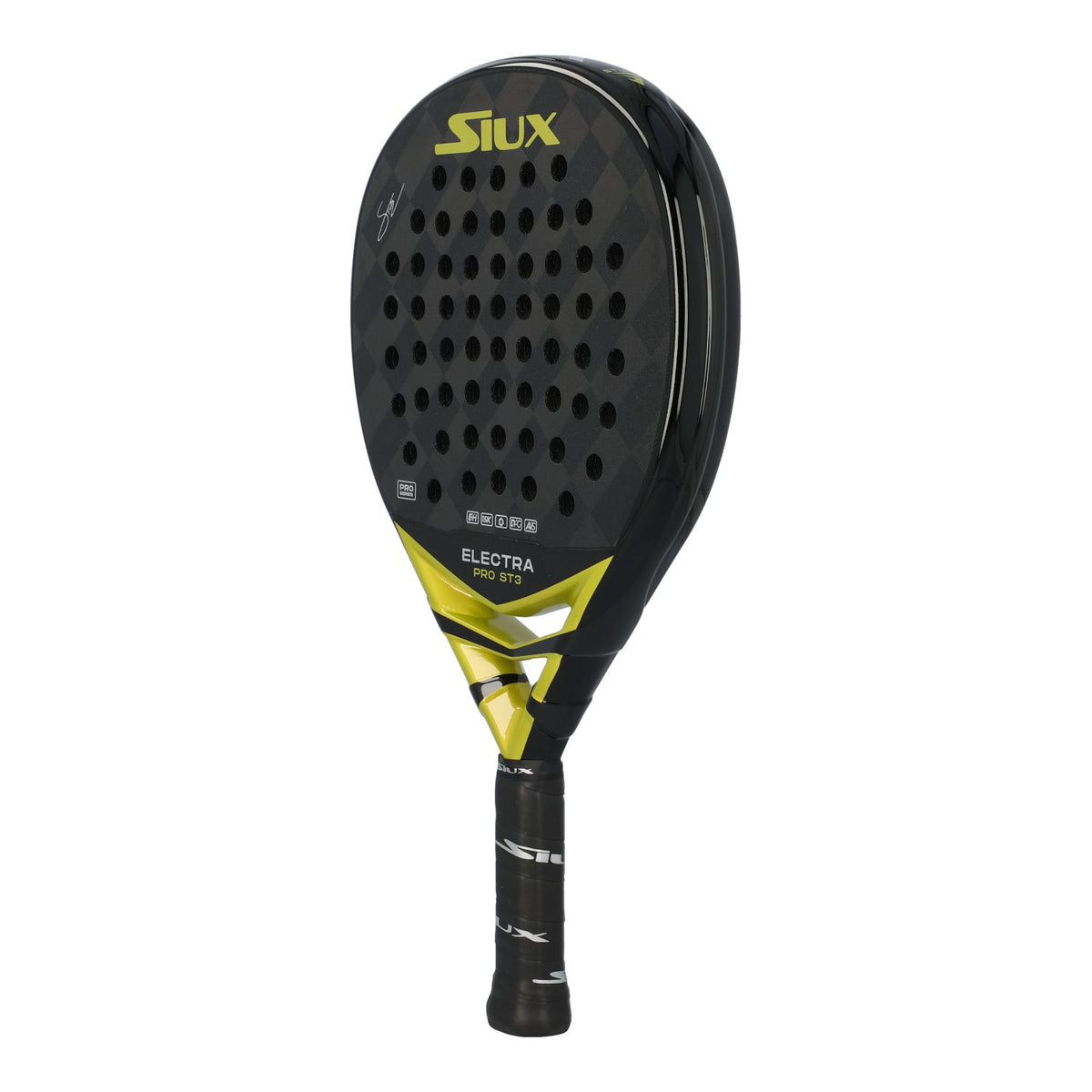 Siux Electra ST3 Pro padelracket schuin vooraanzicht, hybride vorm in zwart en geel