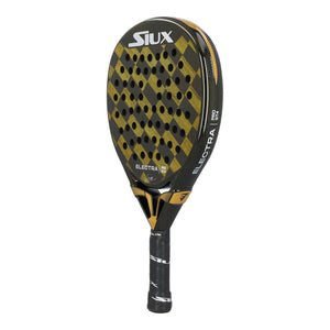 Siux Electra ST4 Pro padelracket schuin vooraanzicht, hybride vorm in zwart en goud