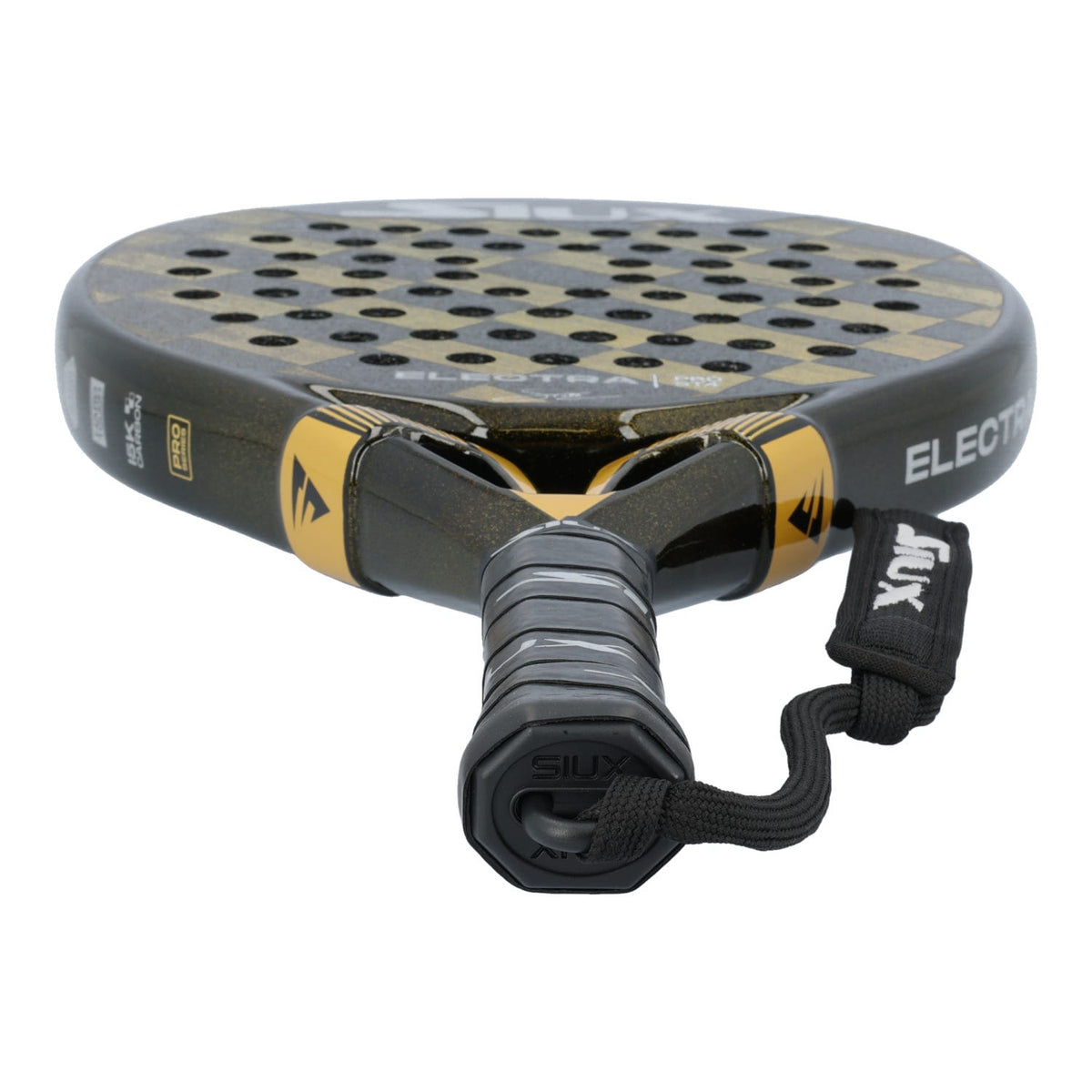 Siux Electra ST4 Pro padelracket liggend met polsband en zwarte grip