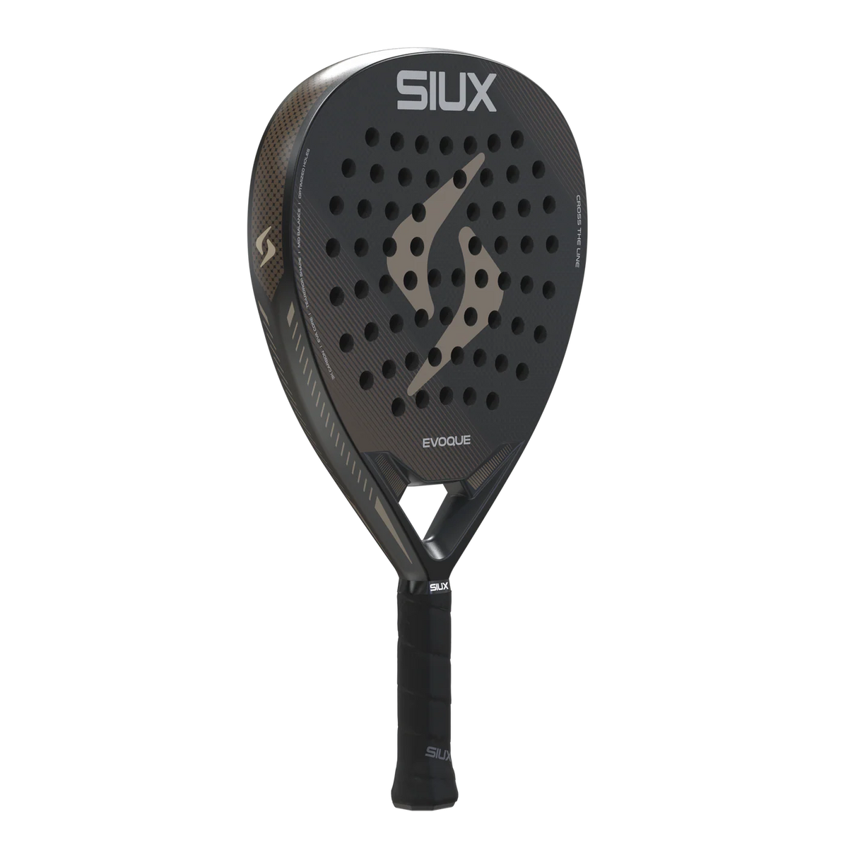 Siux Evoque 3k 2026 padelracket schuin vooraanzicht, druppelvorm in zwart