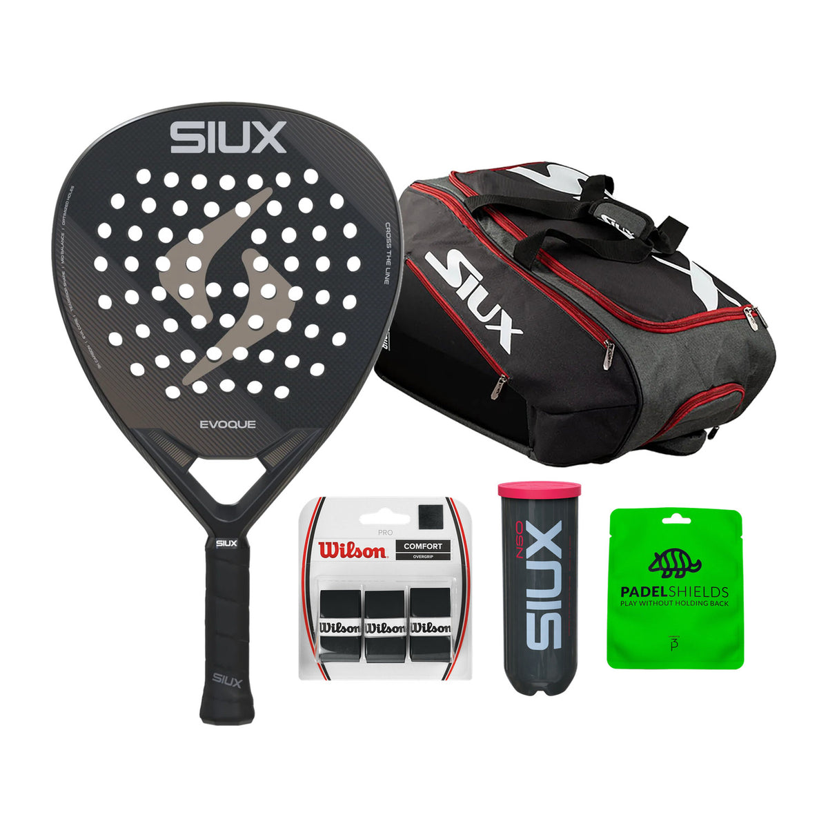 Siux Evoque Complete Beginner Bundle: Siux Evoque 3K 2026 padelracket, Siux Racketbag Pro Tour Grey, Siux Neo padelballen, Wilson Pro Overgrips en Padel Shields