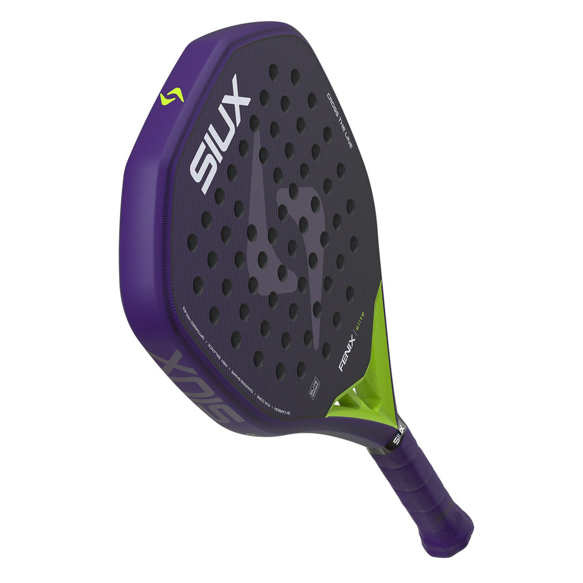 Achterzijde van het Siux Fenix Elite 6 26 padelracket in paars met groen accent