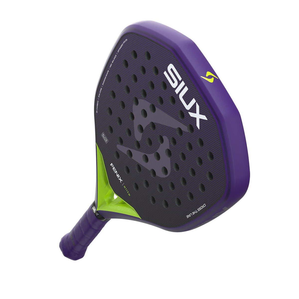 Siux Fenix Elite 6 26 padelracket schuin van onderen met paarse grip in beeld