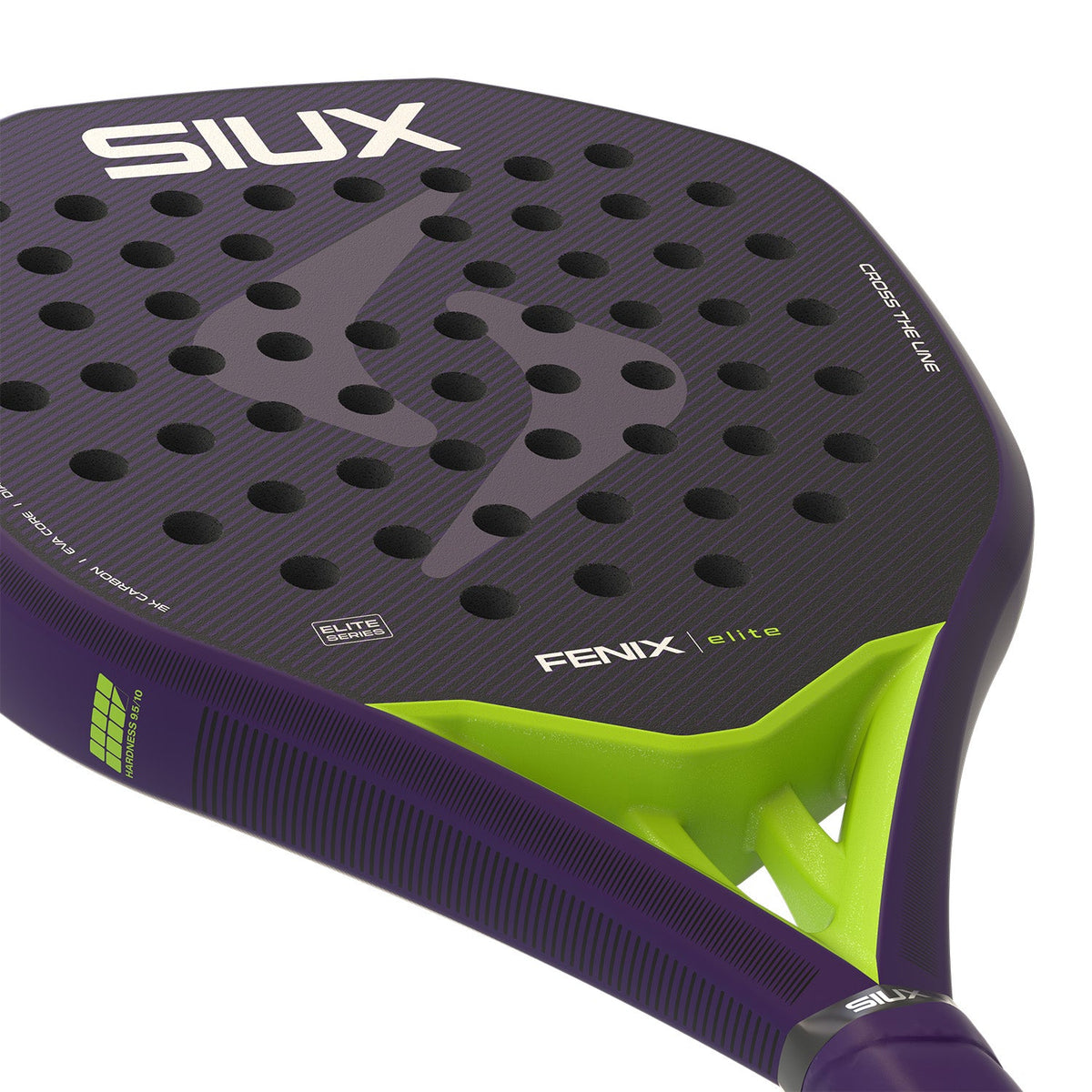 Close-up van het slagvlak van het Siux Fenix Elite 6 26 met groen FENIX-opschrift