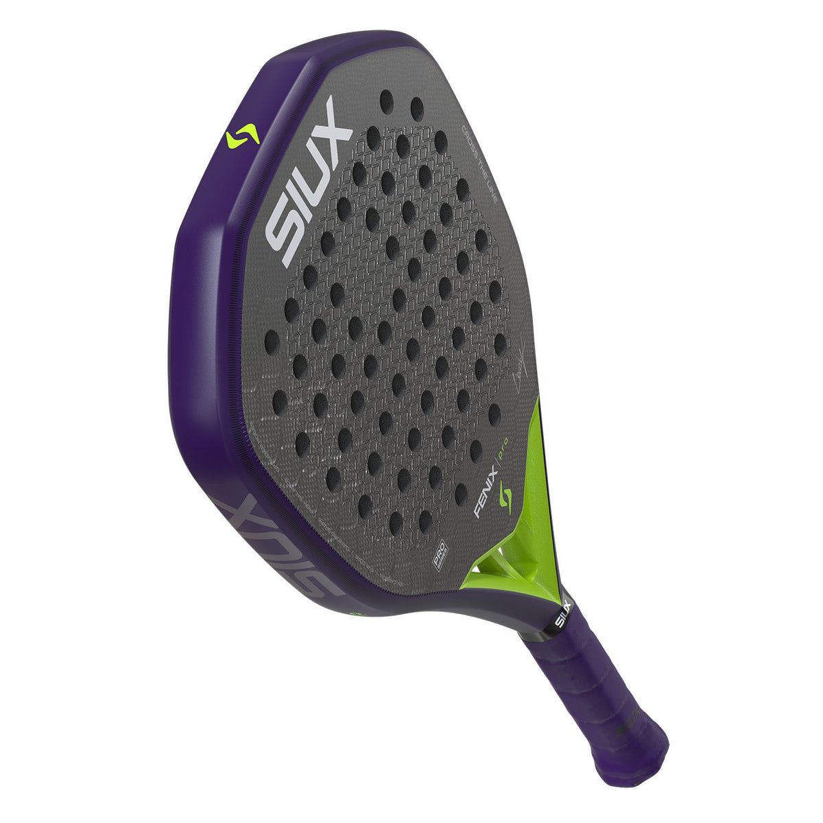 Achterzijde van het Siux Fenix Pro 26 padelracket in paars met groen accent