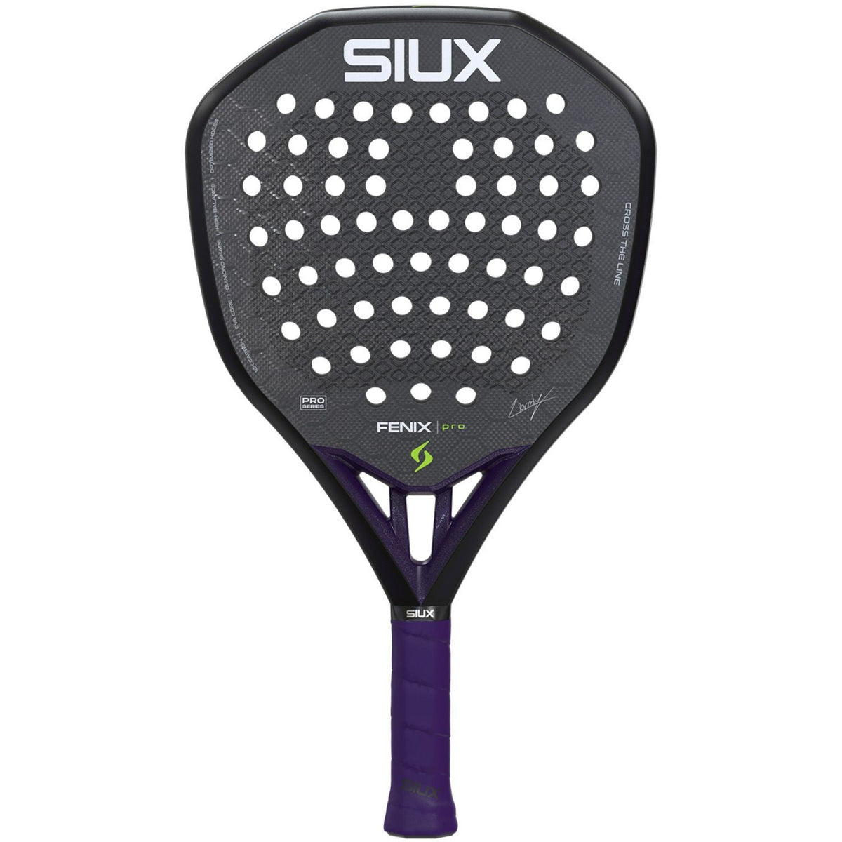 Siux Fenix Pro 26 padelracket in de zwarte uitvoering, vooraanzicht met paarse grip