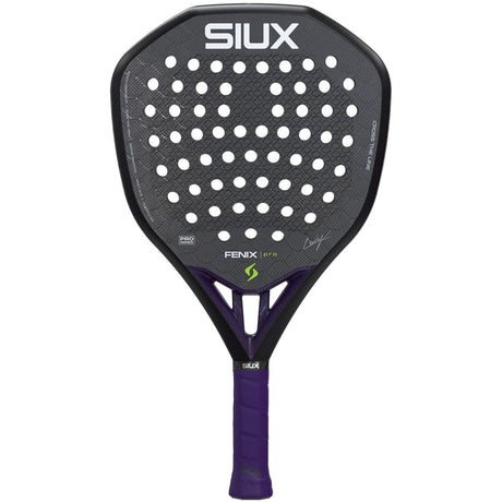 Siux Fenix Pro 26 padelracket in de zwarte uitvoering, vooraanzicht met paarse grip