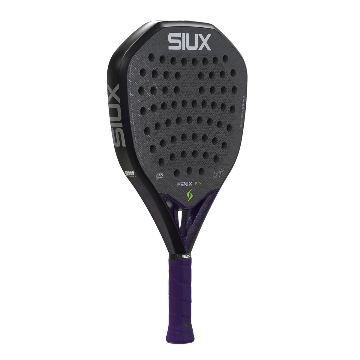 Zwarte Siux Fenix Pro 26 padelracket licht gedraaid met wit SIUX-logo op het blad