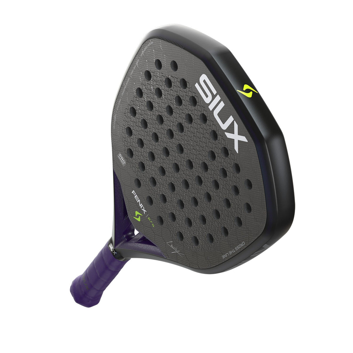 Zwarte Siux Fenix Pro 26 padelracket schuin van onderen met paarse grip in beeld