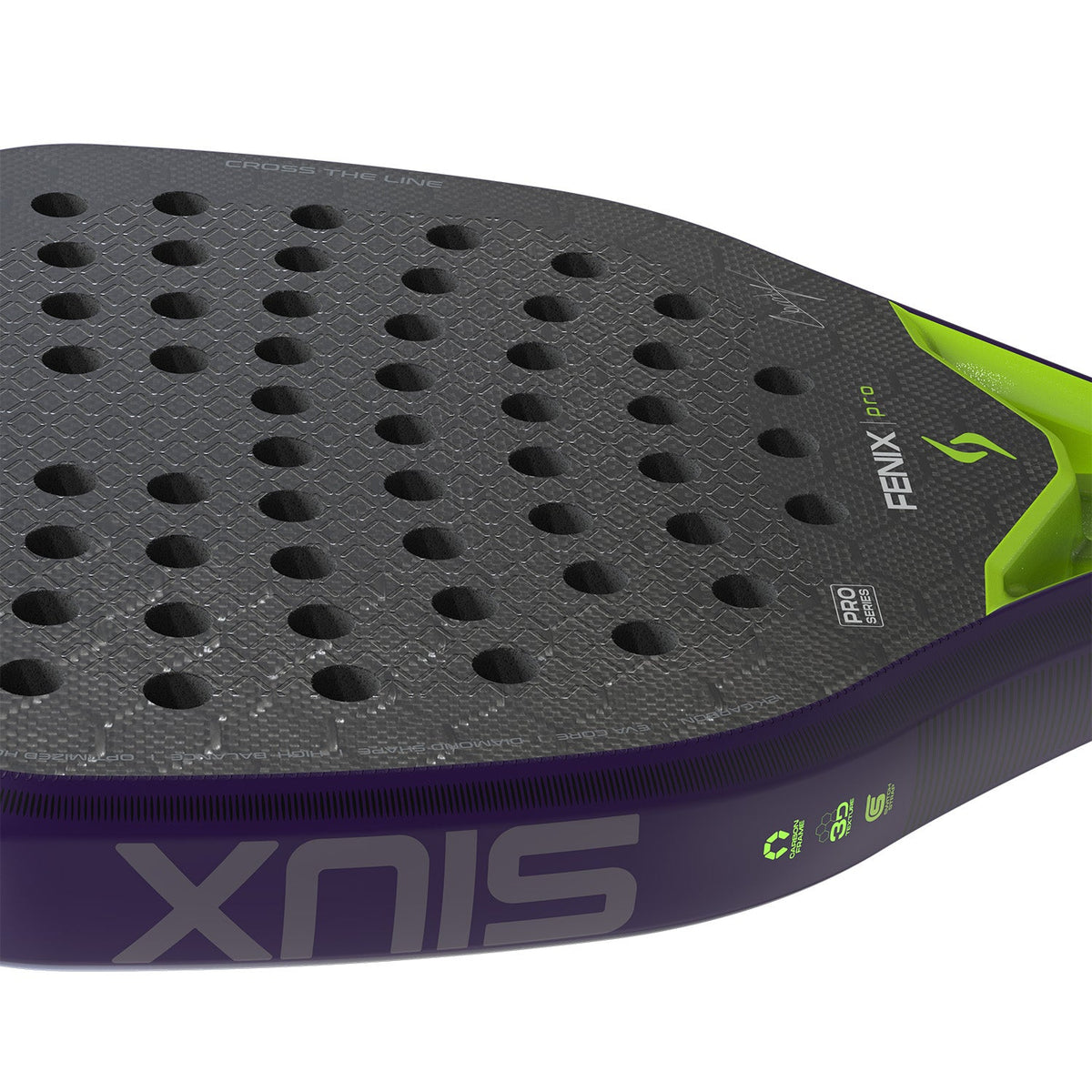 Detail van het grijze slagvlak van het Siux Fenix Pro 26 met SIUX op de paarse rand