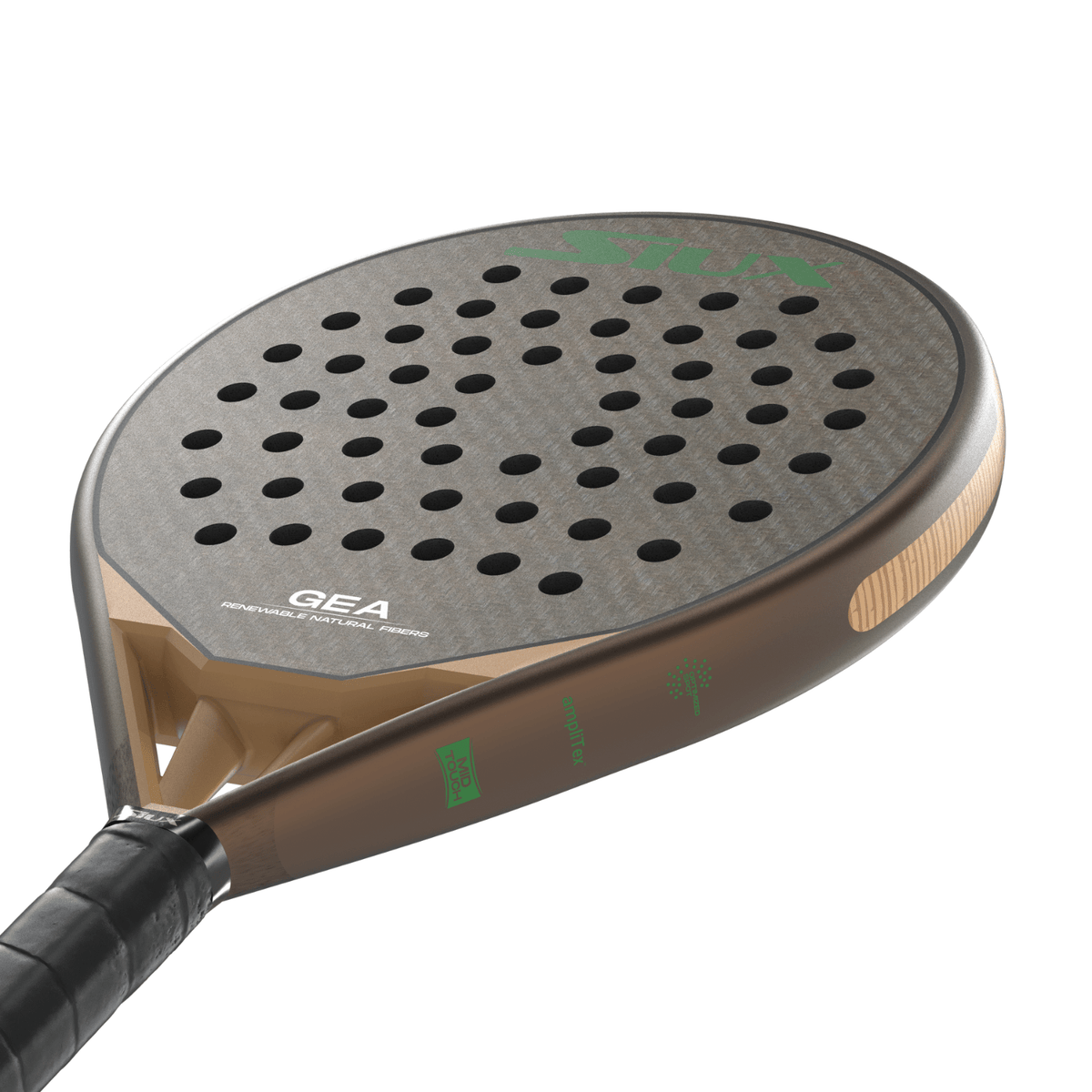 Liggend aanzicht van het Siux Gea damesracket met zwarte grip en gouden framerand