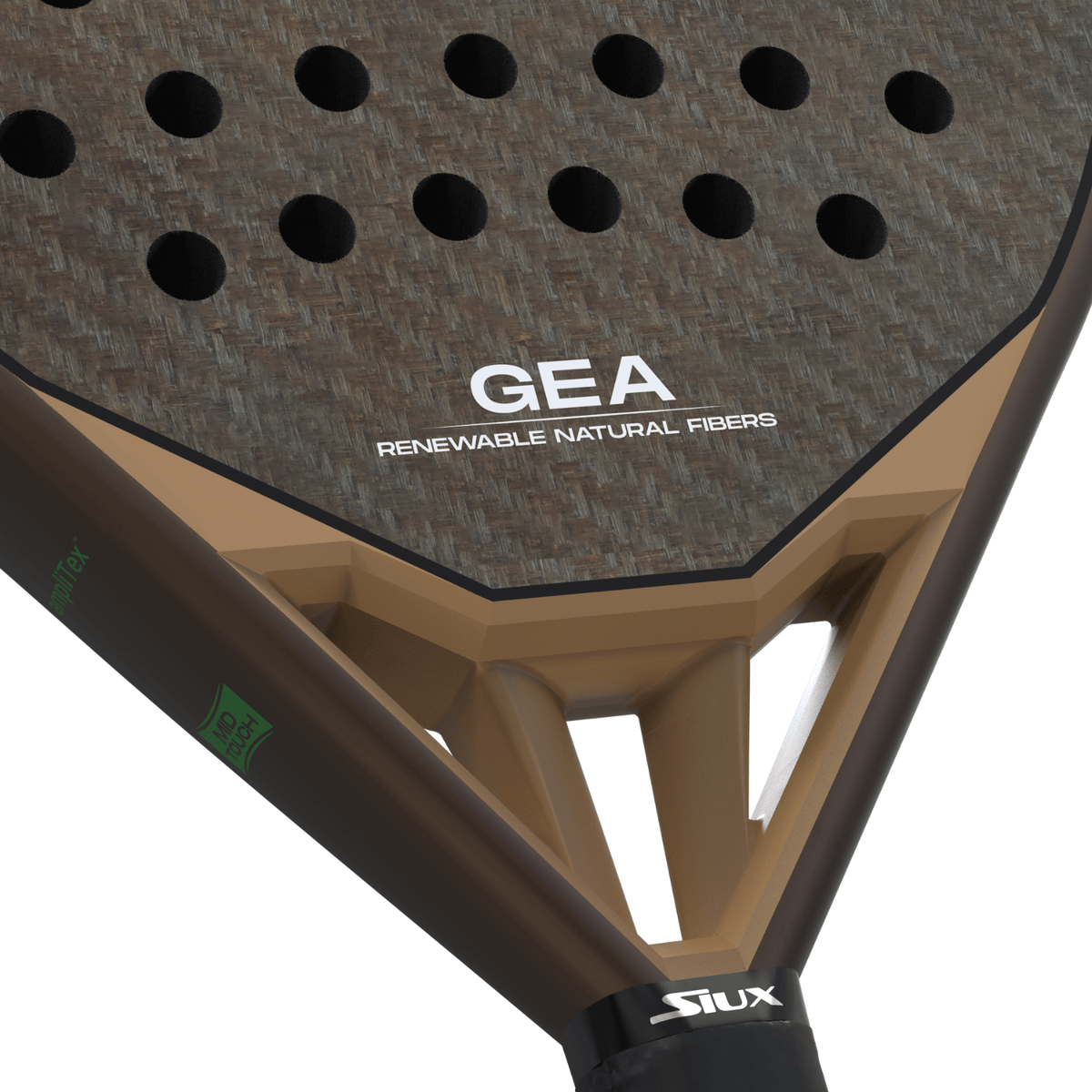 Detail van het hart van het Siux Gea met de opdruk GEA en natuurlijke vezels