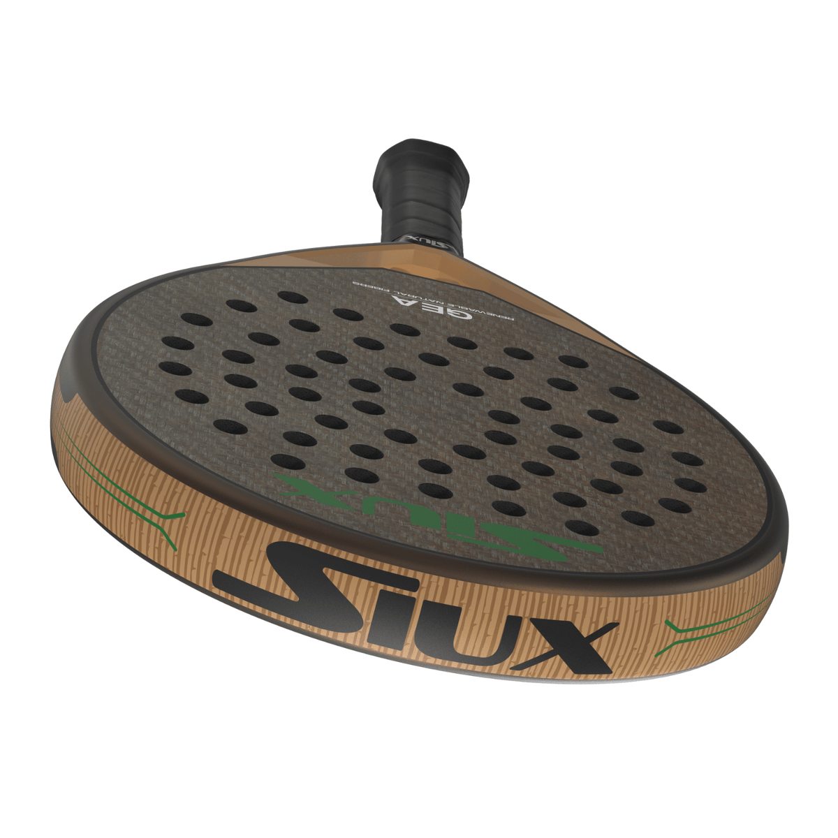 Bovenaanzicht van het Siux Gea damesracket met SIUX-tekst op de gouden framerand