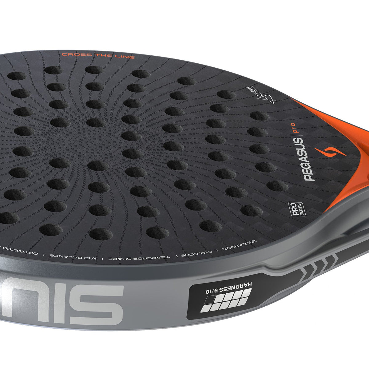 Detail van de zilvergrijze framerand van het Siux Pegasus Pro 26 met oranje accent