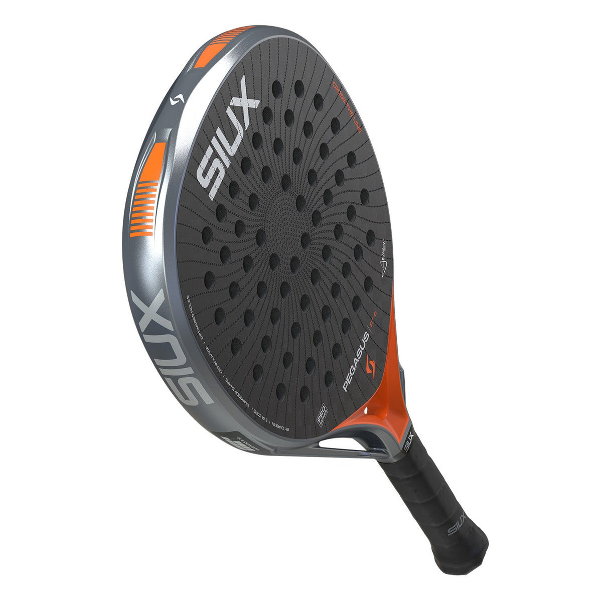Achterzijde van het Siux Pegasus Pro 26 padelracket in oranje met zwart slagvlak