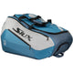Zijaanzicht van de blauw-witte Siux Racketbag Pro Tour met groot Siux-logo op de flank