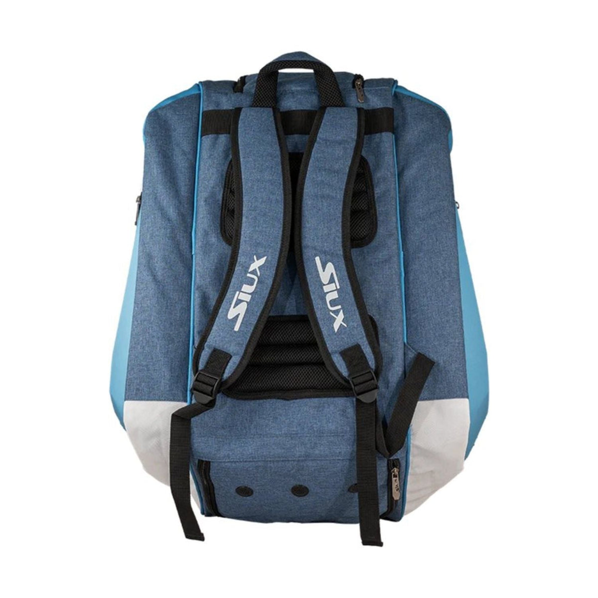 Achterzijde van de blauwe Siux Pro Tour racketbag met bedrukte banden en wit hoekpaneel