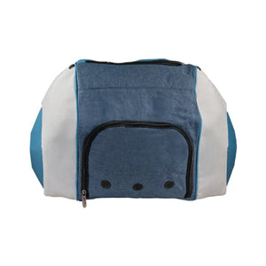 Onderkant van de blauw-witte Siux Pro Tour racketbag met geritst vak en ventilatiegaten