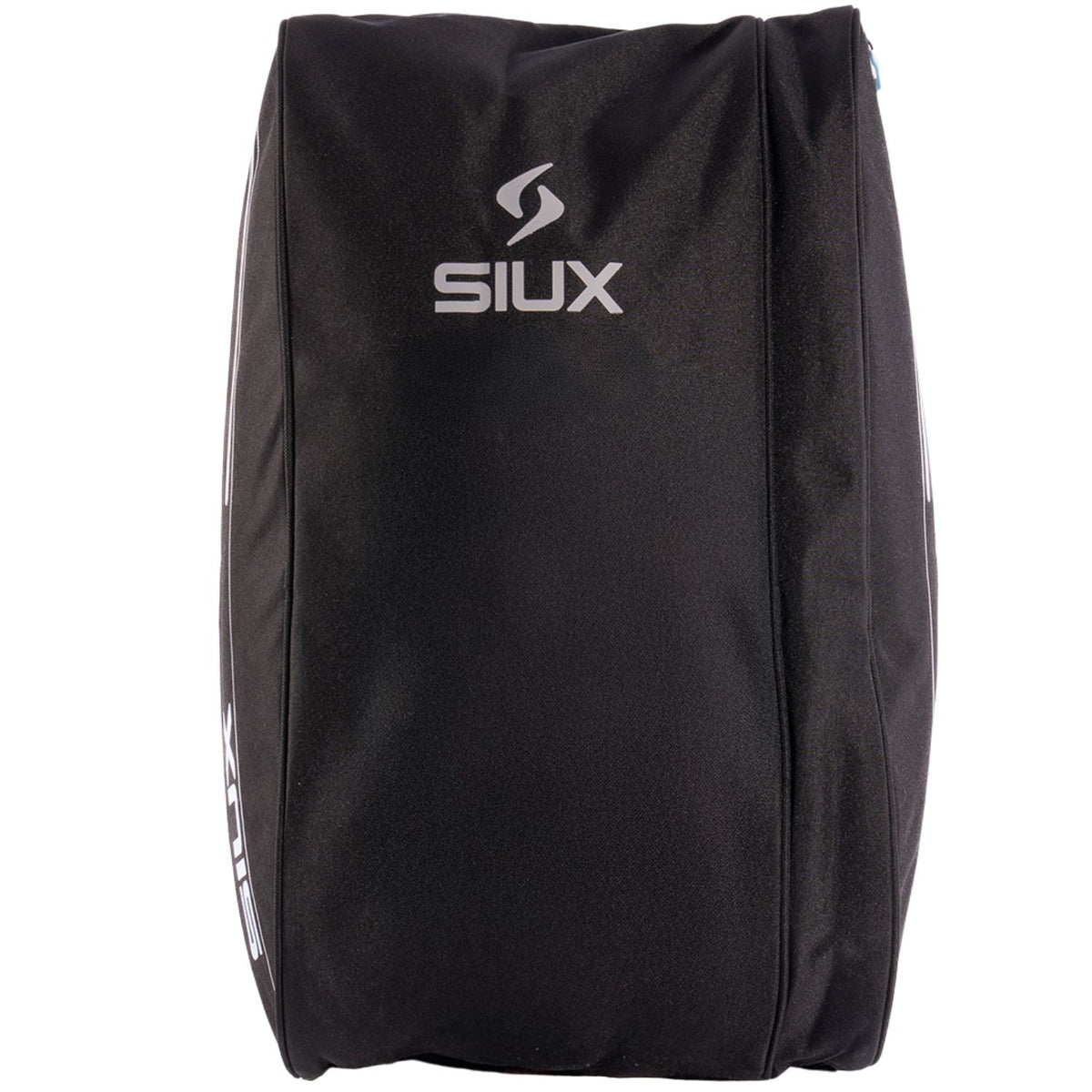 Kopse kant van de zwarte Siux Pulse 2026 racketbag met logo en witte letters aan de zijkant
