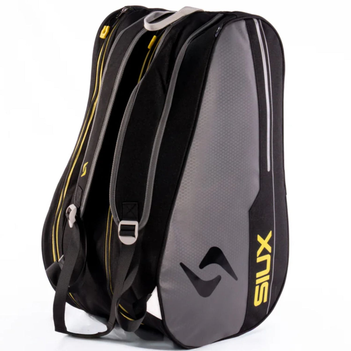 Zwarte Siux Pulse 2026 racketbag van boven met gele ritsbanen en uitgeklapte schouderband