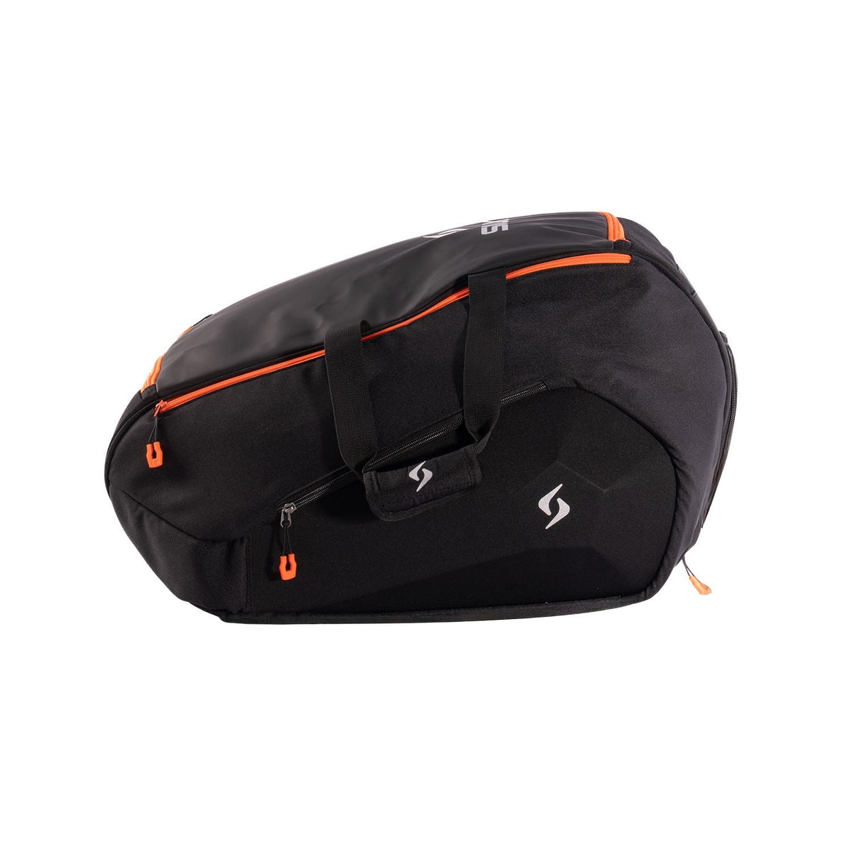 Zijaanzicht van de zwarte Siux Tour 2026 racketbag met oranje ritsbaan en zijvakje