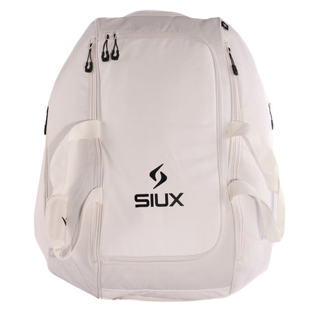 Vooraanzicht van de gebroken witte Siux Racketbag Tour 2026 met zijvakken en groot logo