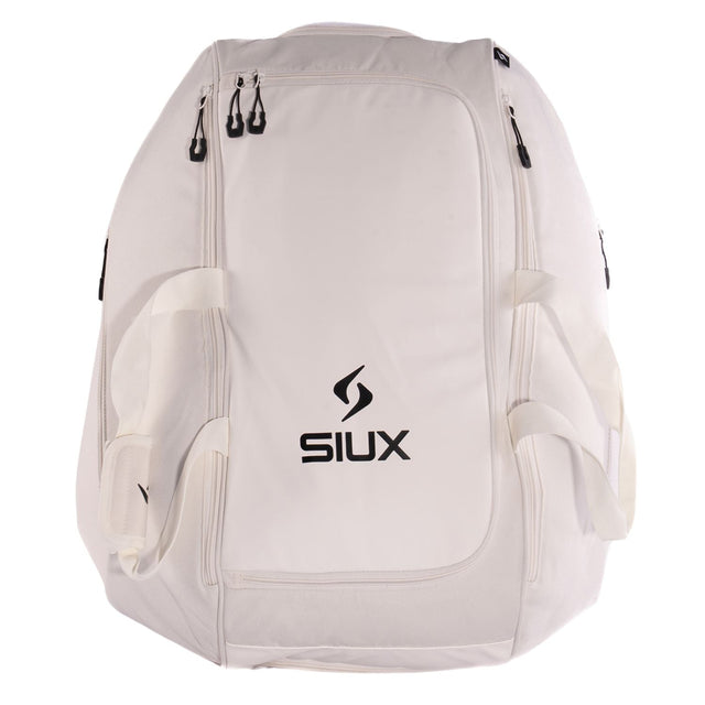 Vooraanzicht van de gebroken witte Siux Racketbag Tour 2026 met zijvakken en groot logo