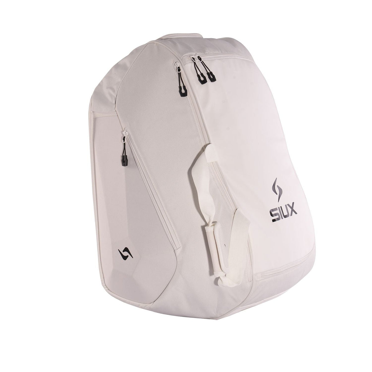 Driekwartaanzicht van de gebroken witte Siux Tour 2026 racketbag met ritsvak en logo