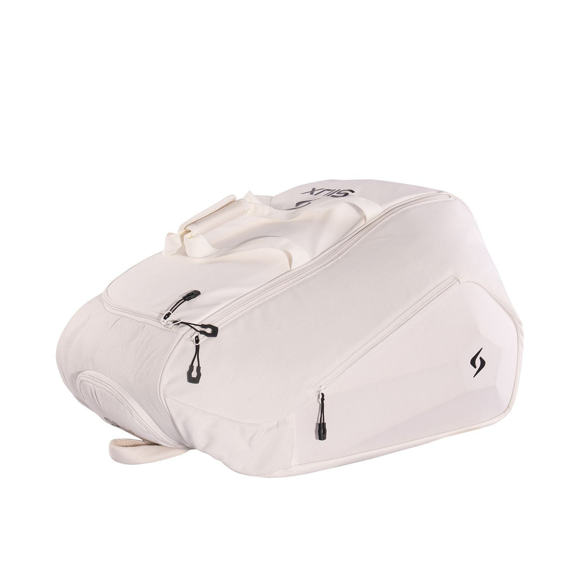 Liggende gebroken witte Siux Tour 2026 racketbag op de zijkant met rits en Siux-logo