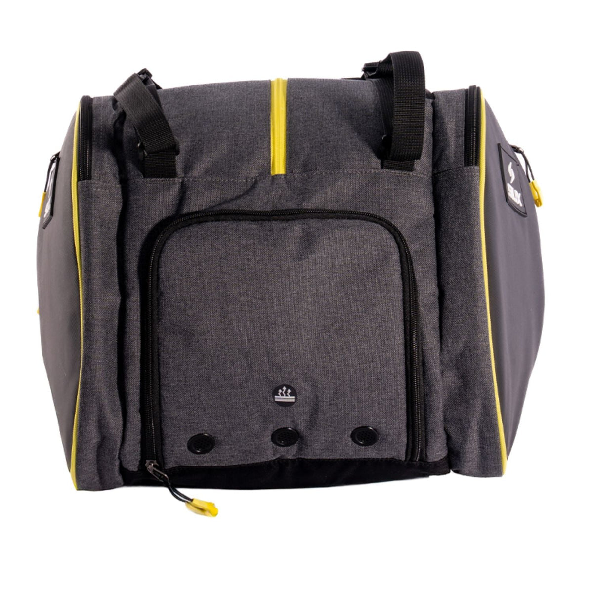 Onderaanzicht van de zwart-grijze Siux Trail 2026 racketbag met grijs vak en gele trekker