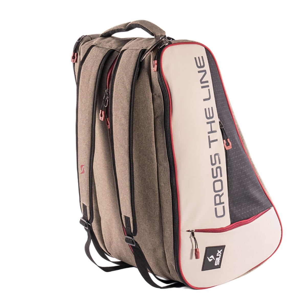 Schuin achteraanzicht van de beige Siux Trail 2026 racketbag met twee ritsvakken en bies