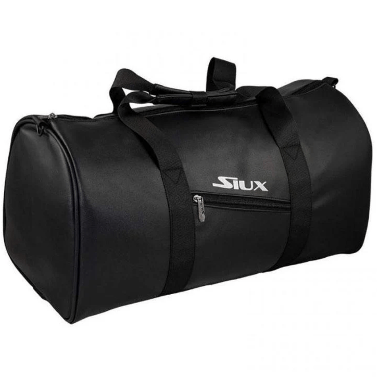 Schuin aanzicht van de zwarte Siux The King bag met ronde kopvakken en lange schouderband