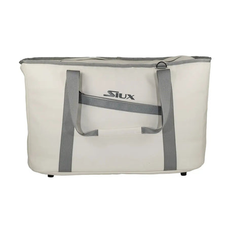 Vooraanzicht van de witte Siux The Queen Bag met grijze draagbanden en Siux-logo
