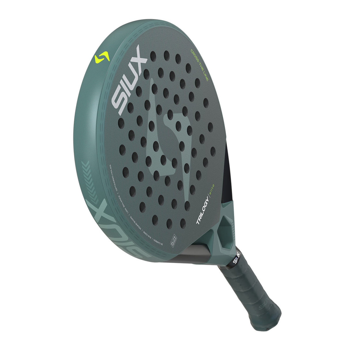 Achterzijde van het Siux Trilogy Elite 6 26 padelracket in saliegroen met wit logo