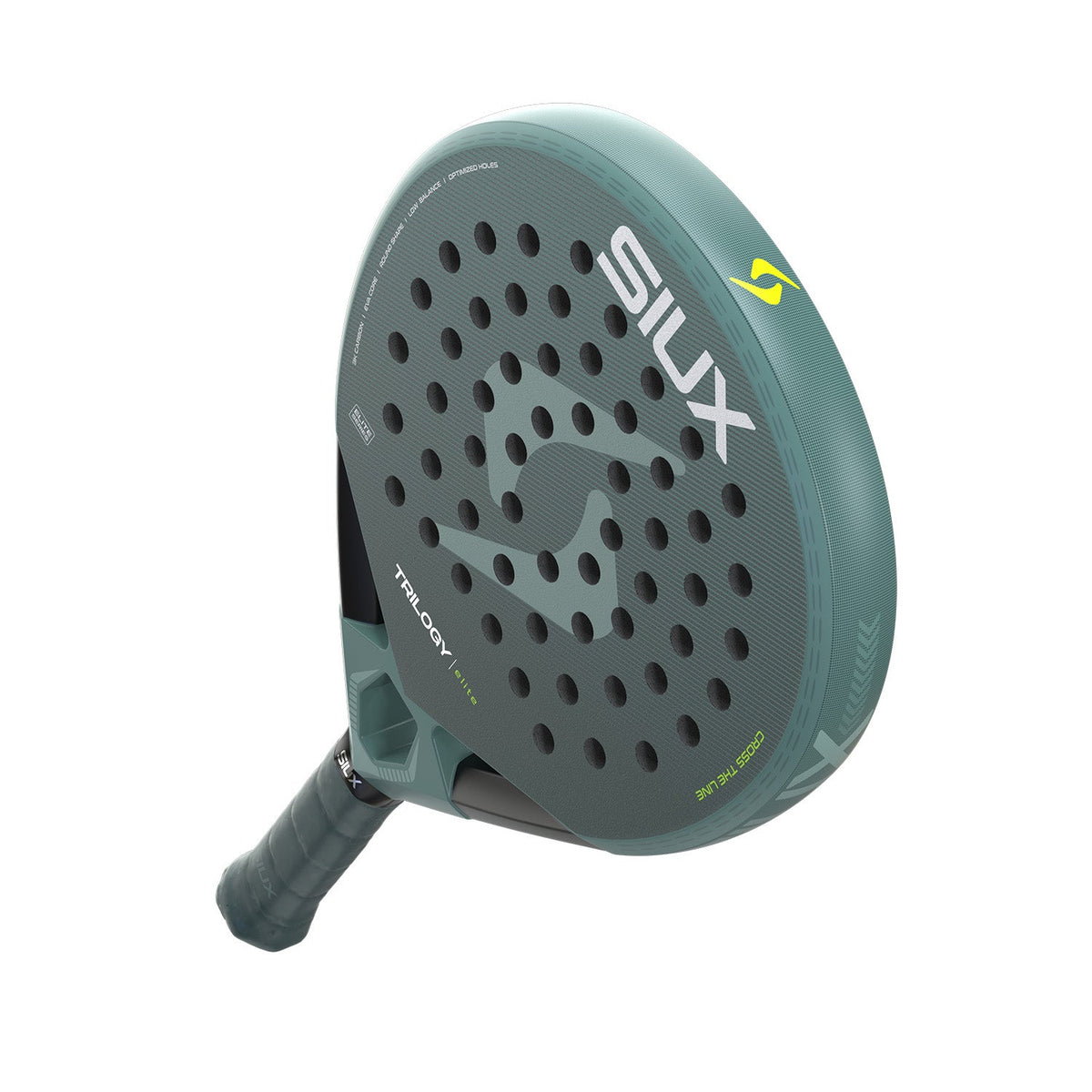 Siux Trilogy Elite 6 26 padelracket schuin van onderen met groene grip in beeld